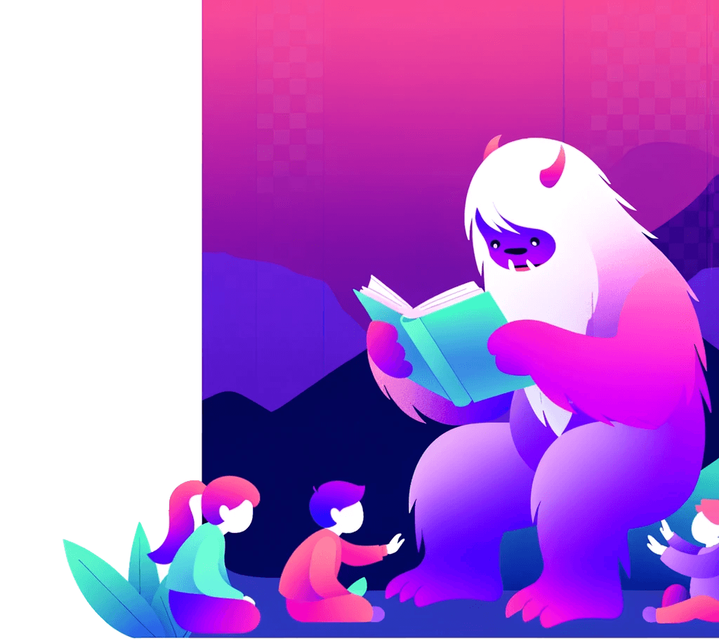 Yeti reading a book to children